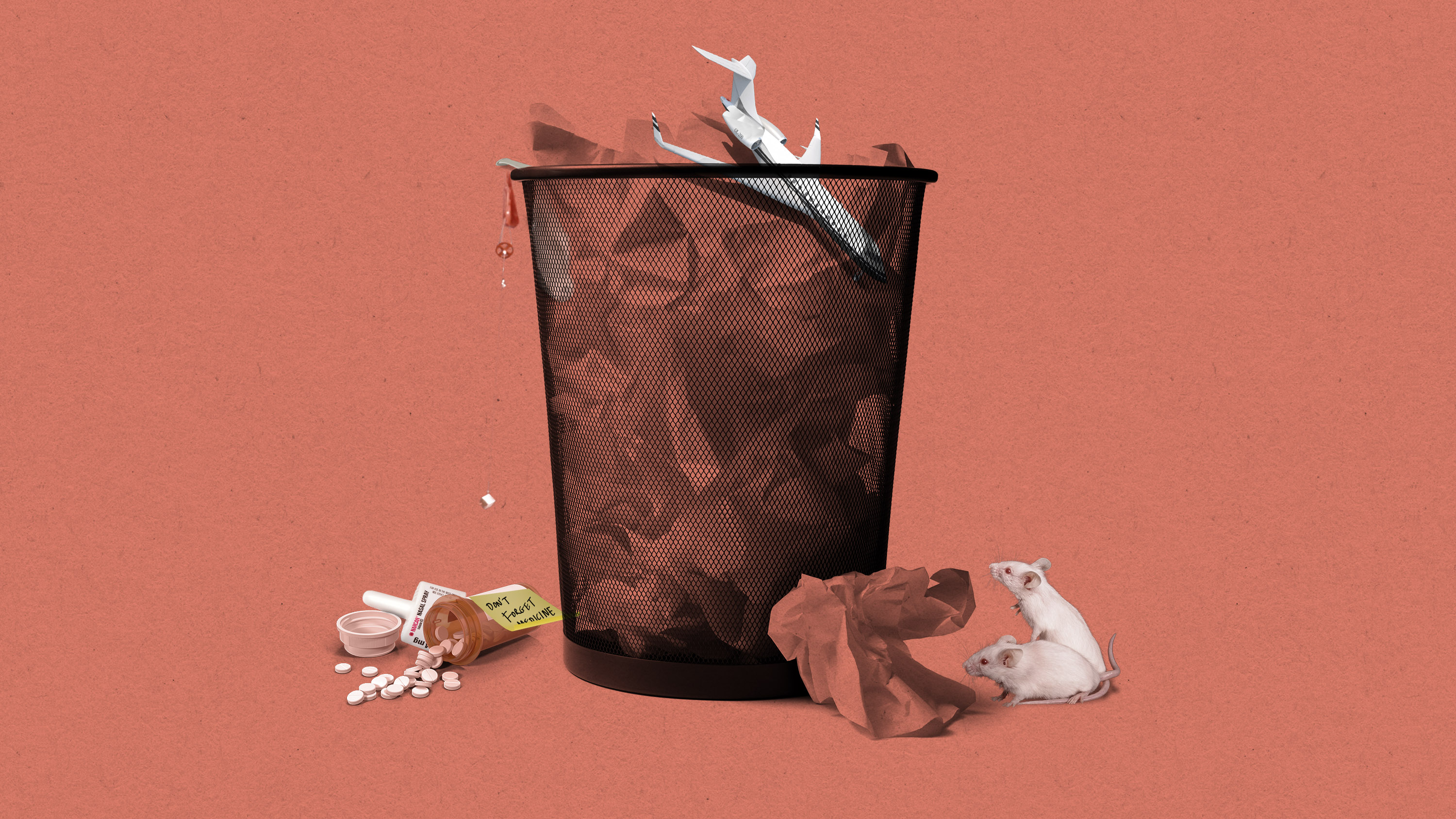 a trash can filled with crumpled paper, a passenger plane, and a deflated science balloon. Narcan nasal spray and a spilled bottle of Alzheimer's pills with a post-it note reading "Don't Forget Medicine" have missed the basket to the left. Two mice peek out from behind a crumpled paper that has missed the basket to the right.