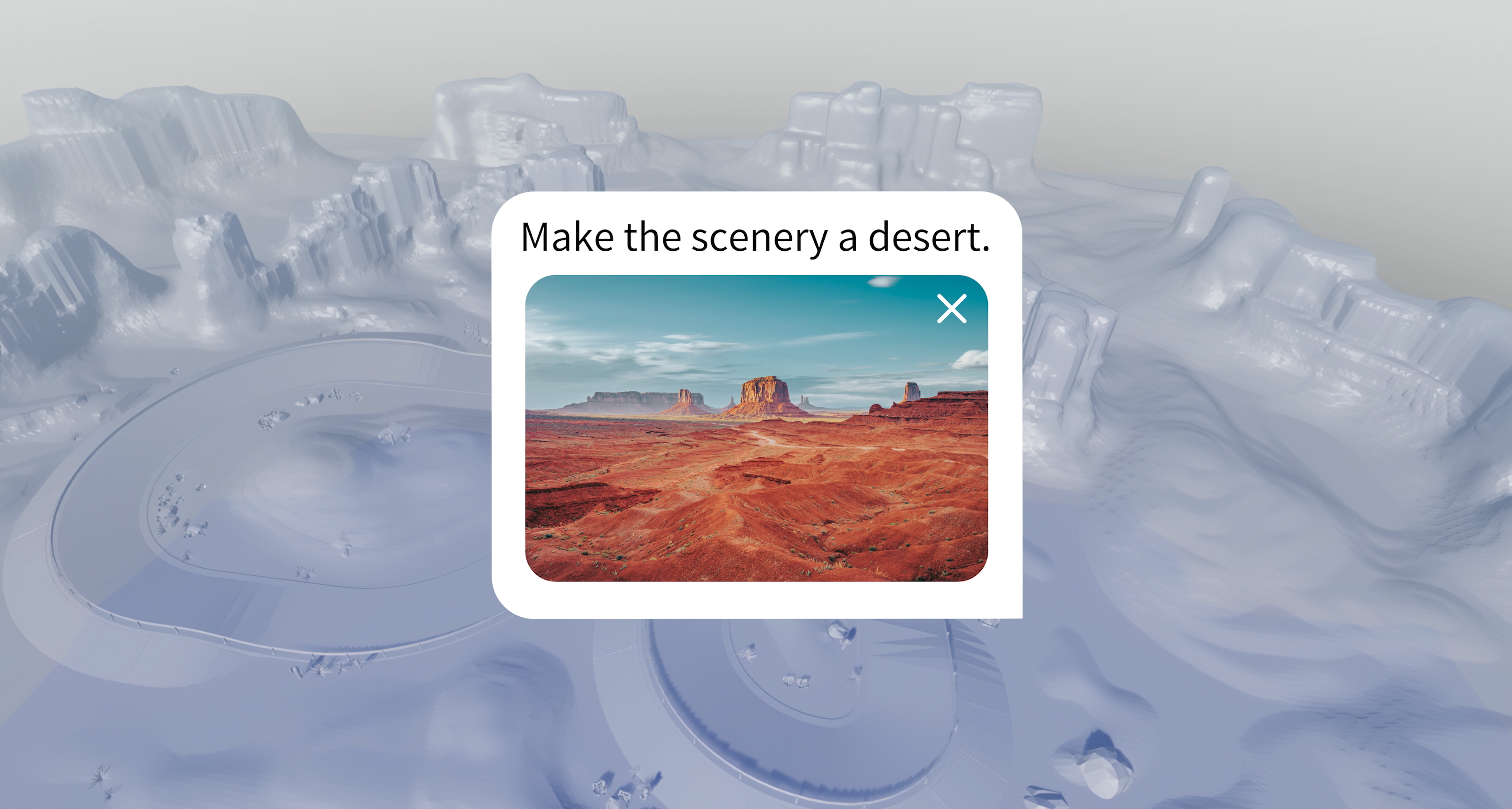 foundational models of a racetrack with a text/image prompt to "Make the scenery a desert."